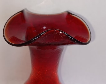 Hand Blown Ruby Red Crackle Glass Ruffled Vase