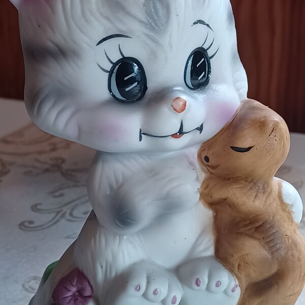 Vintage 1979 Russ Berrie Porcelain Kitty And Squirrel Figurine