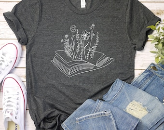 wildflower book shirt, book tshirt, bookworm gift, wild flower shirt, reading shirt, floral shirt, librarian shirt