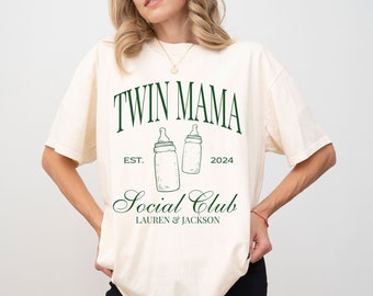 Custom Twin Mama Social Club Shirt, Comfort Colors Twin Mom T-shirt, Personalized Twin Mama Gifts, Pregnancy Announcement Tee