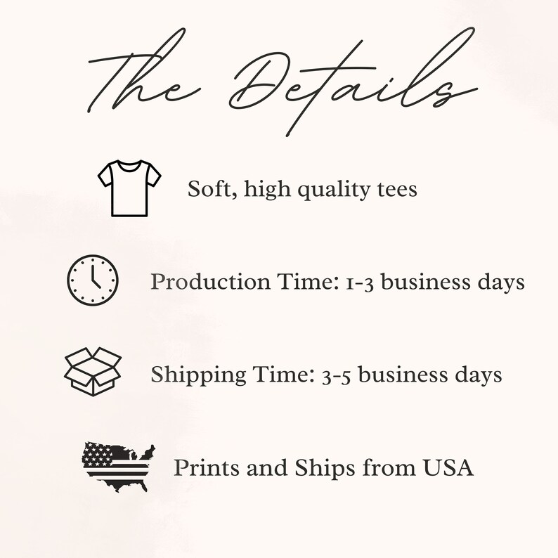 May include: A graphic with details about the production and shipping of t-shirts. The graphic includes icons for a t-shirt, a clock, a box, and a map of the United States. The text reads: "The Details", "Soft, high quality tees", "Production Time: 1-3 business days", "Shipping Time: 3-5 business days", and "Prints and Ships from USA".
