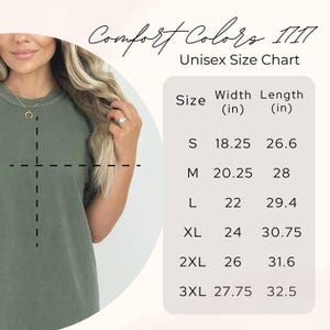 May include: Unisex size chart for t-shirts with measurements in inches. The chart shows the width and length of the shirts in sizes S, M, L, XL, 2XL, and 3XL.