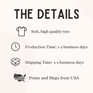 May include: A graphic with the text "THE DETAILS" in black.  The graphic lists details about the product, including the type of tee, production time, shipping time, and origin of the product.  The graphic includes icons for a tee shirt, a clock, a box, and a map of the United States.