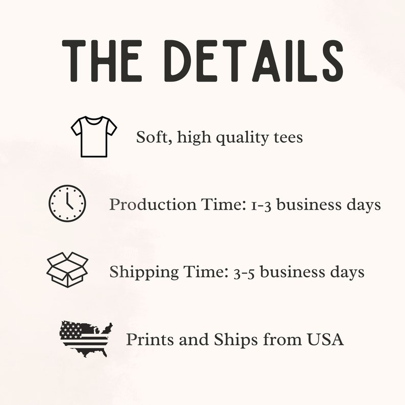 May include: A graphic with the text "THE DETAILS" in black.  The graphic lists details about the product, including the type of tee, production time, shipping time, and origin of the product.  The graphic includes icons for a tee shirt, a clock, a box, and a map of the United States.