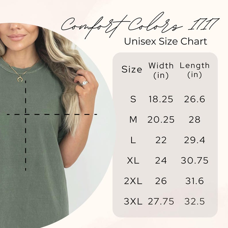 Pu&ograve; includere: Tabella delle taglie unisex per le t-shirt Comfort Colors 1111. La tabella mostra la larghezza e la lunghezza in pollici per le taglie S, M, L, XL, 2XL e 3XL.