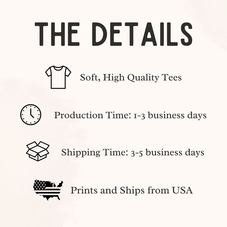 Pode incluir: Um gr&aacute;fico com o texto "THE DETAILS" no topo. Abaixo, lista "Soft, High Quality Tees", "Production Time: 1-3 business days", "Shipping Time: 3-5 business days" e "Prints and Ships from USA".