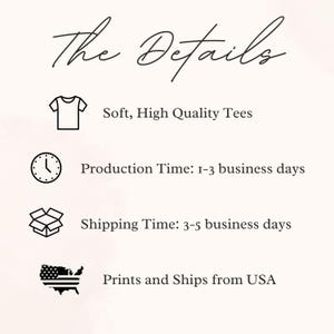 May include: A graphic with black icons and text describing the details of a product. The icons include a t-shirt, a clock, a box, and a map of the United States. The text reads "The Details", "Soft, High Quality Tees", "Production Time: 1-3 business days", "Shipping Time: 3-5 business days", and "Prints and Ships from USA".