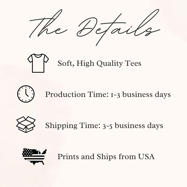 May include: A graphic with black icons and text describing the details of a product. The icons include a t-shirt, a clock, a box, and a map of the United States. The text reads "The Details", "Soft, High Quality Tees", "Production Time: 1-3 business days", "Shipping Time: 3-5 business days", and "Prints and Ships from USA".