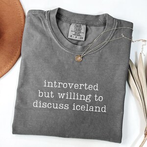 May include: A gray Comfort Colors t-shirt with the text "introverted but willing to discuss iceland" in white. A silver necklace with a small pendant is draped across the shirt. A brown hat and dried leaves are in the background.