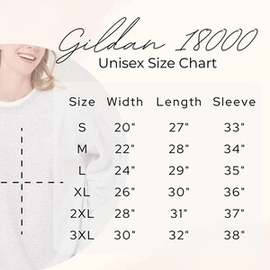 Puede incluir: Una tabla de tallas unisex Gildan 18000 que muestra medidas de ancho, largo y manga en pulgadas para las tallas S a 3XL. La tabla enumera dimensiones espec&iacute;ficas para cada talla, como la talla S con 20 pulgadas de ancho, 27 de largo y 33 de manga.