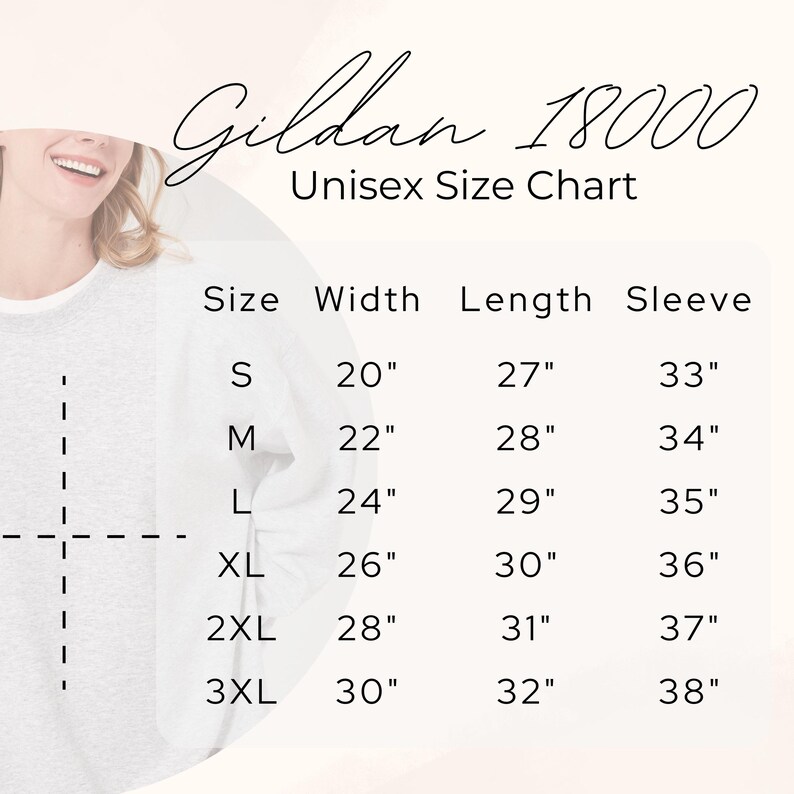 Puede incluir: Una tabla de tallas unisex Gildan 18000 que muestra medidas de ancho, largo y manga en pulgadas para las tallas S a 3XL. La tabla enumera dimensiones espec&iacute;ficas para cada talla, como la talla S con 20 pulgadas de ancho, 27 de largo y 33 de manga.