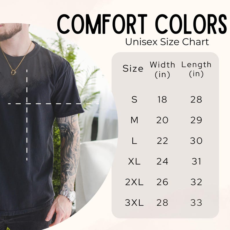 Pode incluir: Uma camiseta preta com o texto "COMFORT COLORS" e uma tabela de tamanhos. A tabela lista os tamanhos S a 3XL, com as medidas de largura e comprimento correspondentes em polegadas. O modelo est&aacute; vestindo a camiseta.