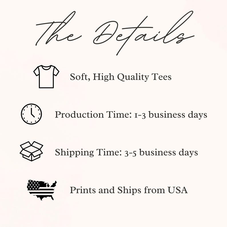 Pu&ograve; includere: Una grafica con i dettagli sulla produzione e la spedizione delle magliette. La grafica include icone di una maglietta, un orologio, una scatola e una mappa degli Stati Uniti. Il testo recita: "The Details", "Soft, High Quality Tees", "Production Time: 1-3 business days", "Shipping Time: 3-5 business days", e "Prints and Ships from USA".