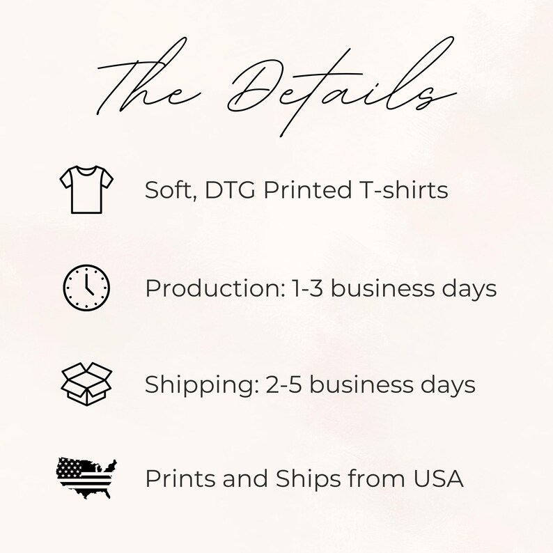 May include: An informational graphic titled The Details featuring four black icons and text. The icons represent a t-shirt, a clock, an open box, and a map of the USA. The text lists soft DTG printed t-shirts, production times, shipping times, and origin.