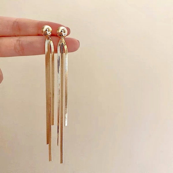 Gold Chain Tassel Dangle Earrings, Gold Drop Tassel Earrings, Gold Dangle Long Earrings, Hypoallergenic Earrings, Dating Earrings, Valentine