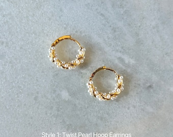 Gold Plated Dainty Twist Pearl Hoop Earrings, Gold Pearl Huggies, Minimalist Pearl Earrings, Bridesmaid Gift, Pearl Bridal Earrings