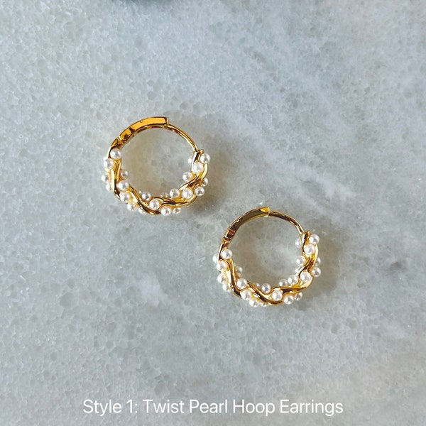 Gold Plated Dainty Twist Pearl Hoop Earrings, Gold Pearl Huggies, Minimalist Pearl Earrings, Bridesmaid Gift, Pearl Bridal Earrings