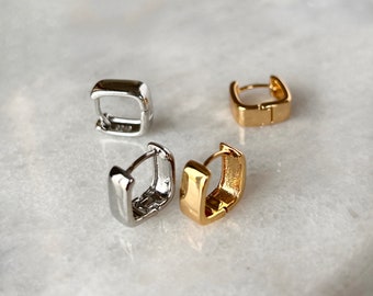 Dainty Sterling Silver Gold Square Hoop Earrings, Silver Gold Chunky Hoop Earrings, Minimalist Earrings, Hypoallergenic Hoops, Dainty Hoops