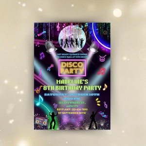Editable Neon Disco Birthday Invitation: Dance Party Template (Digital Download)