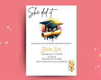 She Did It Graduation Invitation, Graduation Invitation Template ...