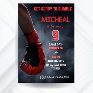 Invitación de cumpleaños de boxeo, plantilla de invitación para fiesta de boxeo, descarga instantánea, plantilla editable en Canva para cumpleaños de niño