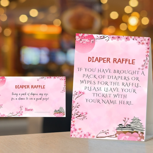 Editable PINK Cherry Blossom Baby Shower Invitation Diaper raffle ticket and Sign Bundle, Baby Shower Party Games