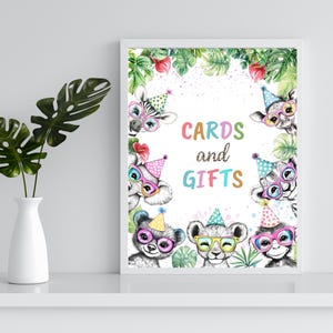 Cartões e presentes Placa de aniversário, animais de festa Animais selvagens de safári Placa de presente de mesa de agradecimento, decoração infantil de zoológico Baixar impressão PA01