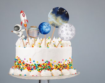 Space birthday Cake Topper, Galaxy Table Decor, Centerpieces, party decor, Boy Astronaut Planets DIY Digital Printable