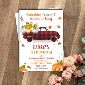 Editable Pumpkin Birthday Invitation Boy Fall Pumpkin Check Truck Birthday Party Download Printable Invite Template Canva