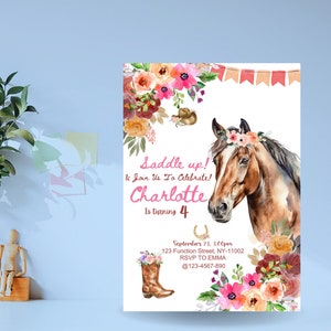 Editable Horse Birthday Invitation Cowgirl Party Horse Girl Saddle Up Invite Pink Floral Download Printable Watercolor Template Canva