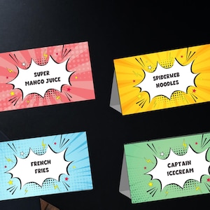 Bearbeitbare Superheld-Lebensmitteletiketten Superhelden-Falten Buffetkarten Tischkarte Superheld Geburtstagsjunge Comic-Buch-Superhelden-Lebensmittelzeltkarte