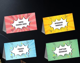 Editable Superhero Birthday Food Tent Cards (Set of 4)