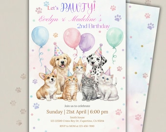 Puppy Kitten Pawty Invitation: Dog Cat Birthday Kids Party (Digital Download 5x7in)