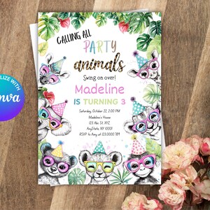 Editable Party Animals Birthday Invitation, Leopard Print Safari Animal Zoo Birthday Party Girl Pink Download Printable Canva Template PA01