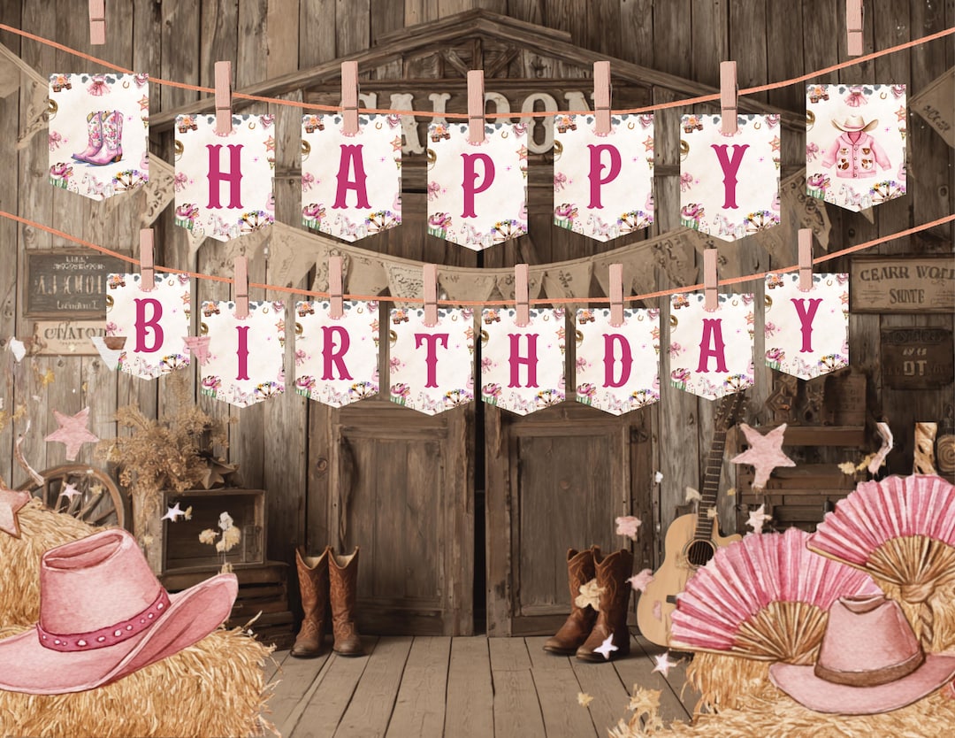 1st Rodeo Pink Girl Happy Birthday Banner, Rodeo Party Decor Instant ...