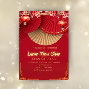 Invito alla festa del capodanno lunare modificabile, invito al capodanno cinese, modello Canva per la celebrazione dell'anno del serpente 2025, download immediato