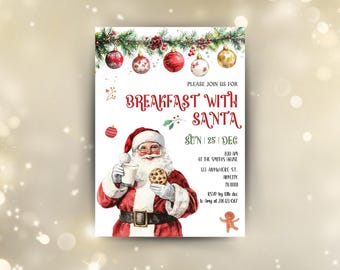 Breakfast with Santa Invitation Christmas party Invite, EDITABLE, Instant Download, Canva Template, Christmas Holiday Brunch Template Invite