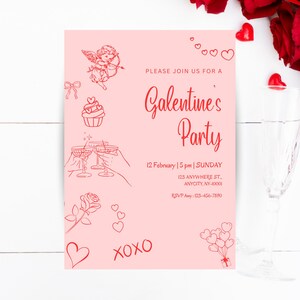 Editable Galentine&#39;s Day Party Invitation: Bow Design, Pink Theme (Canva Template)