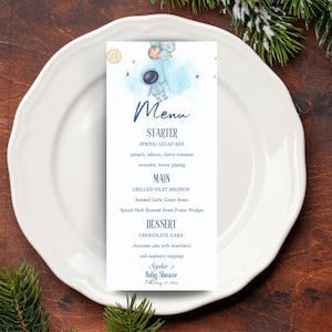 Edytowalny Baby Shower w Kosmosie Astronauta Układ Słoneczny Kosmos Urodziny Mamy Chłopca Menu Karta Baby Shower Menu Dekoracje Stołu Pobierz
