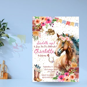 Editable Horse Birthday Invitation: Pink Floral Cowgirl Party (Digital Download)