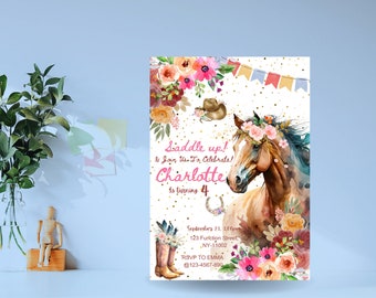 Editable Horse Birthday Invitation Cowgirl Party Horse Girl Saddle Up Invite Pink Floral Download Printable Watercolor Template Canva