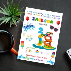 Editable Water Slide Birthday Splash Party Invitation Waterslide Bash - Boy or Girl - DIGITAL Printable Invite 5” x 7”