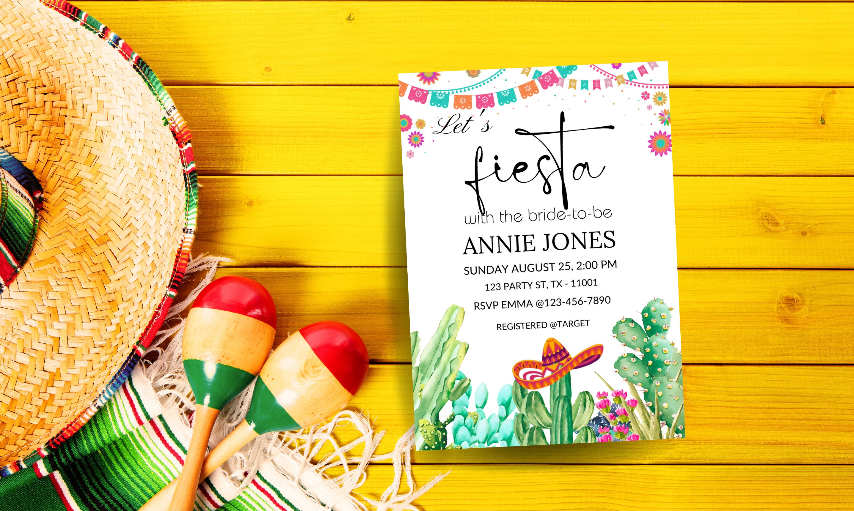 Editable Fiesta Bridal Shower Invitation Mexican Cactus Succulent