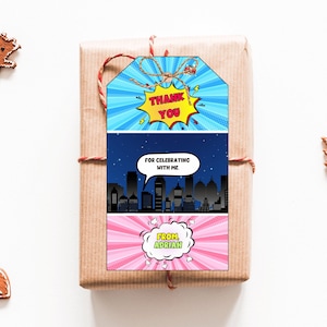 Etiquetas editáveis para lembrancinhas de super-heróis, super-heróis, aniversário, super-heróis, lembrancinhas para presentes de super-heróis, etiquetas de agradecimento, modelo de menino para impressão, Canva