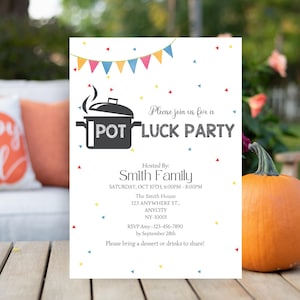 Może przedstawiać: Białe zaproszenie z kolorową girlandą na górze. Zaproszenie na przyjęcie typu potluck organizowane przez rodzinę Smith w sobotę, 10 października, w godzinach od 18:00 do 20:00. Adres to 123 Anywhere St., Anycity, NY-10001. Numer RSVP to 123-456-7890 do 28 września. Zaproszenie prosi gości o przyniesienie deseru lub napojów do dzielenia się.