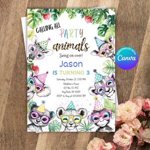 Editable Party Animals Birthday Invitation, Leopard Print Safari Animal Zoo Birthday Party Boy Blue Download Printable Canva Template PA01