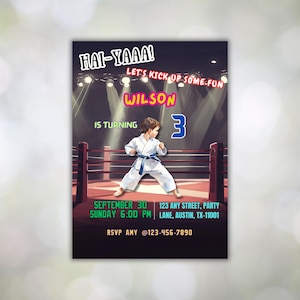 Invito di compleanno di karate, modello di invito per festa di taekwondo MODIFICABILE, arti marziali di karate, invito per festa di compleanno di karate nero per ragazzo