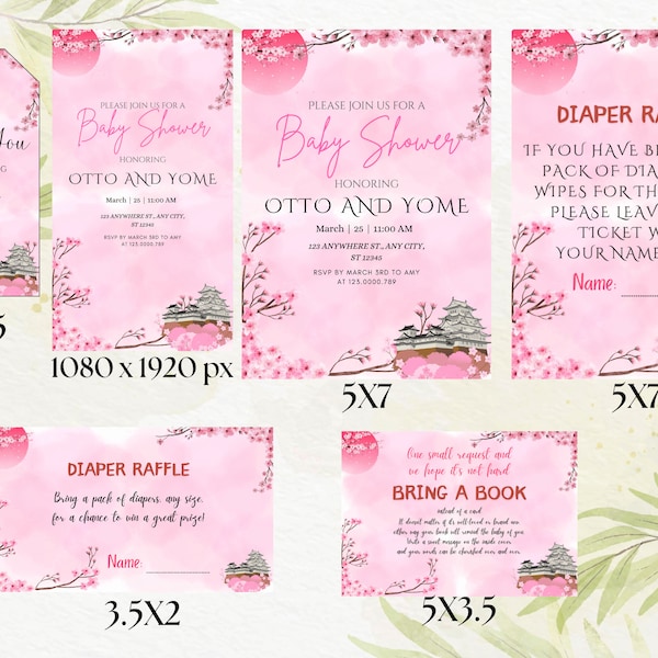 Editable Cherry Blossom Baby Shower Invitation Bundle, JAPANESE Invitation Diaper Raffle Ticket Sign Thank you card Books for baby Thank you