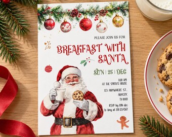 Frukost med jultomten inbjudan, julbrunchfest (redigerbar Canva-mall)