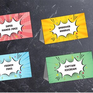 Etiquetas de comida de super-heróis editáveis Cartões de buffet dobráveis de super-heróis Cartão de lugar Aniversariante de super-heróis História em quadrinhos Cartão de barraca de comida de super-heróis